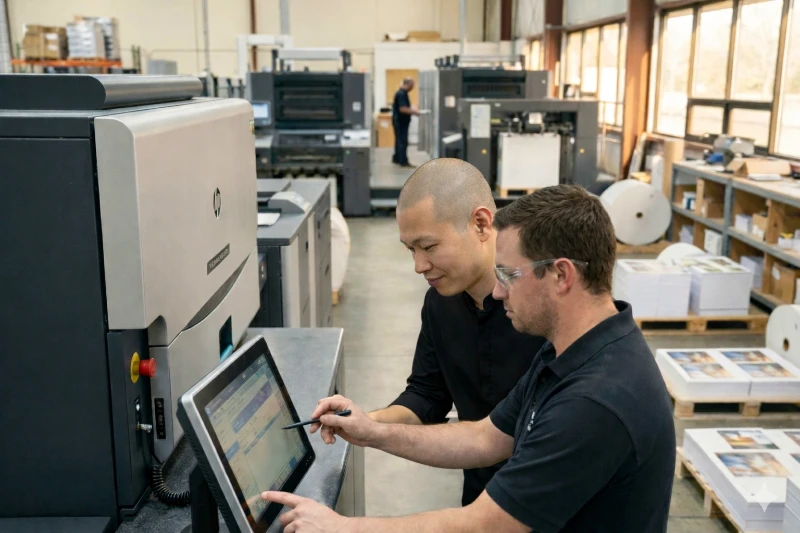 Nhân Vũ mit einem Drucker am Druckbogen – Erfahrung in der Druckerei und als Mediengestalter für Digital- und Printmedien