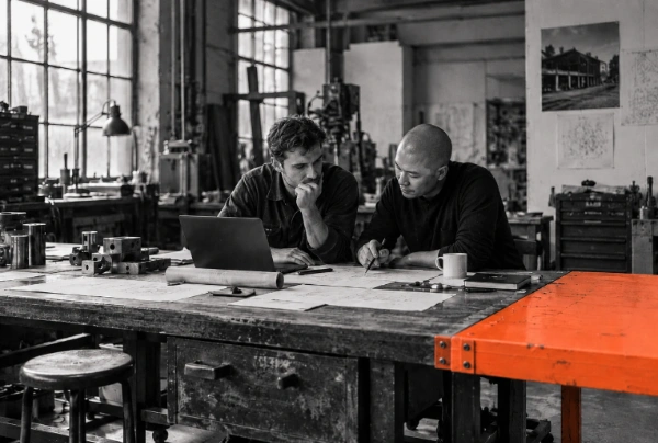 Zwei Menschen arbeiten gemeinsam mit Laptop und Plänen an einer Werkbank in einem industriellen Atelier mit orangefarbenem Tisch.