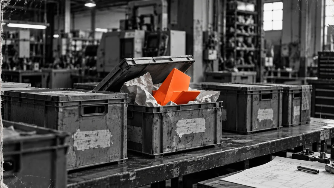 Ein orangefarbenes, kantiges Bauteil liegt in einer offenen Transportkiste zwischen grauen Kisten auf einer Werkbank.