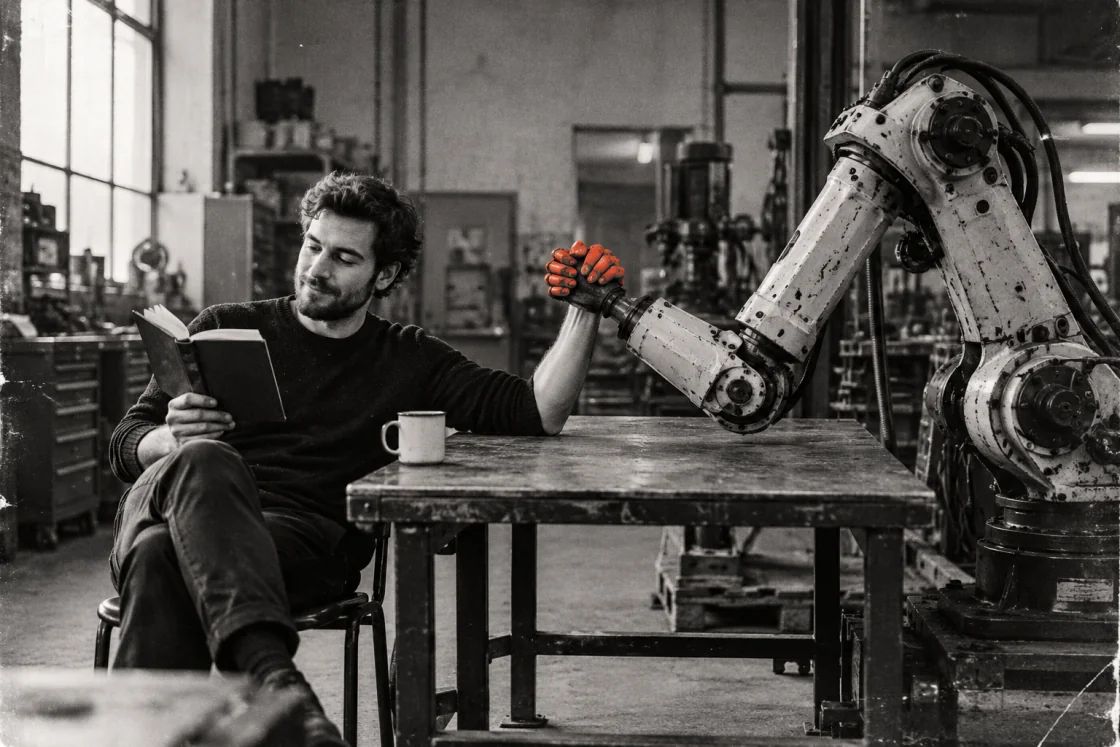 Ein Mann liest ein Buch und drückt zugleich die orangefarbene Hand eines Industrieroboters beim Armdrücken am Werktisch.