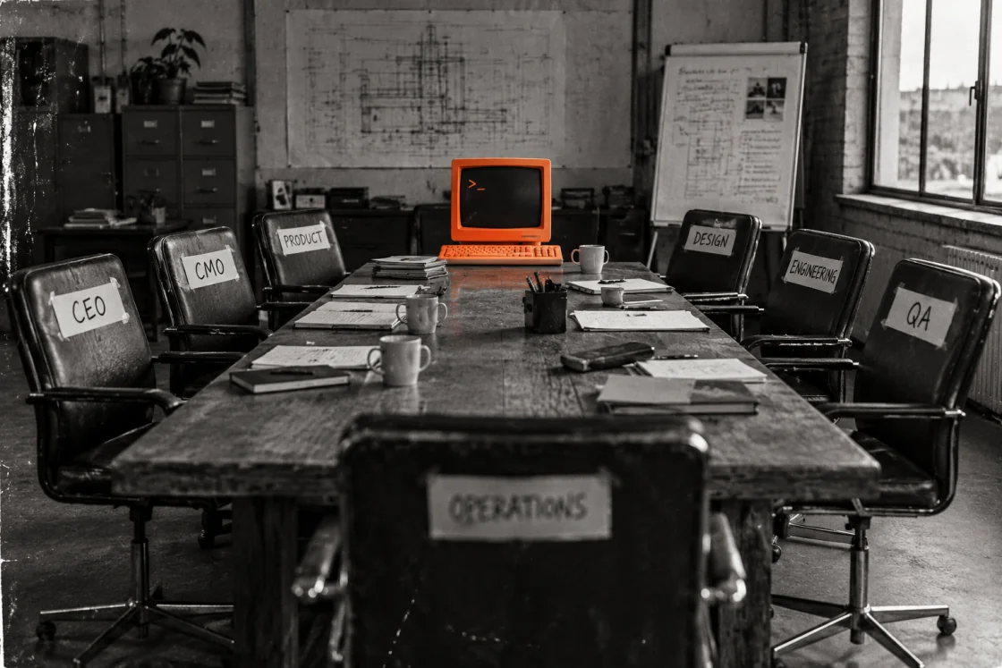 Ein orangefarbener Computer steht am Kopf eines Konferenztischs; die leeren Stühle sind mit CEO, CMO, Product, Design, Engineering, QA und Operations beschriftet.