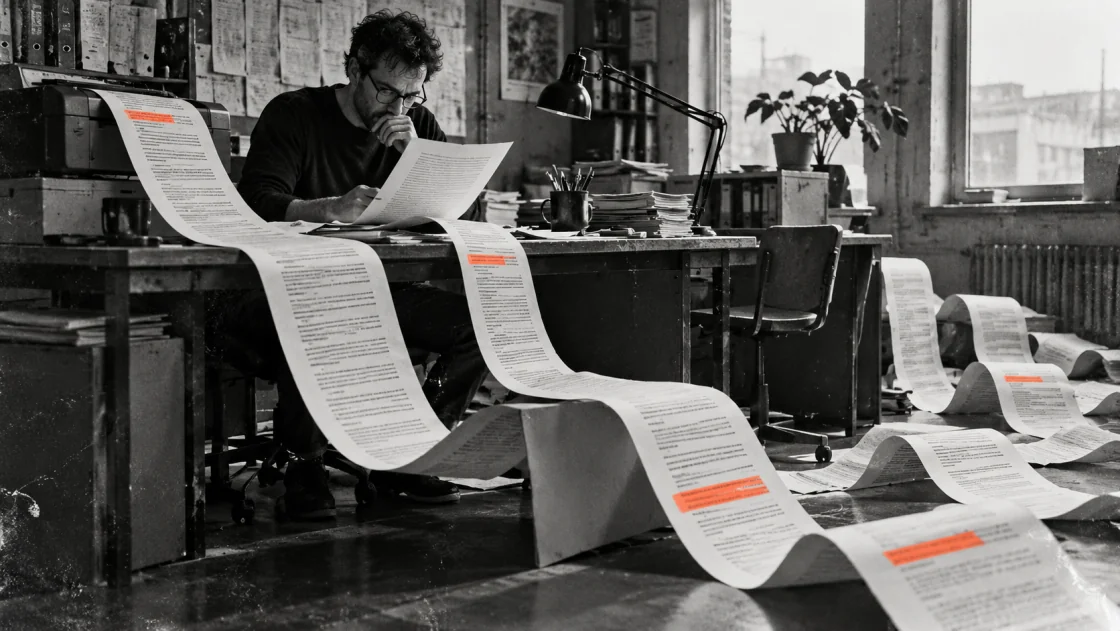 Ein Mann liest an einem Schreibtisch, während lange Papierbahnen mit Text und orange markierten Passagen über den Tisch und den Boden laufen.