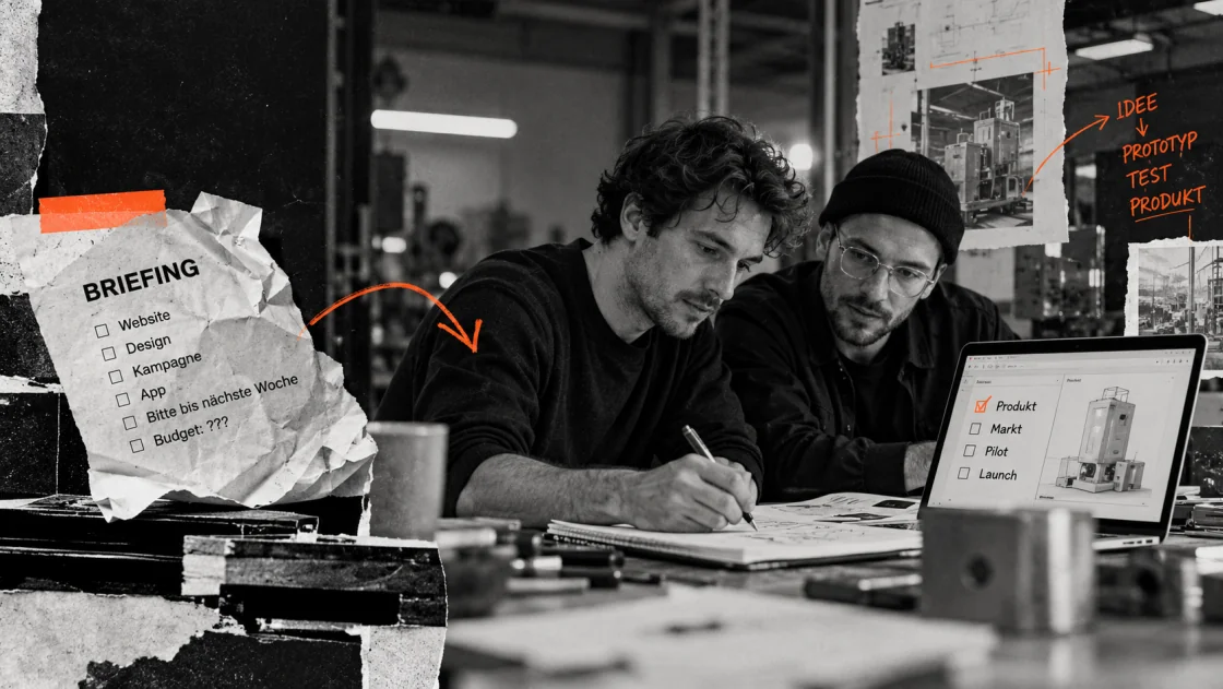 Zwei Männer arbeiten in einer Werkstatt an Skizzen und einem Laptop; eine Collage verbindet ein Briefing mit den Schritten Idee, Prototyp, Test und Produkt.